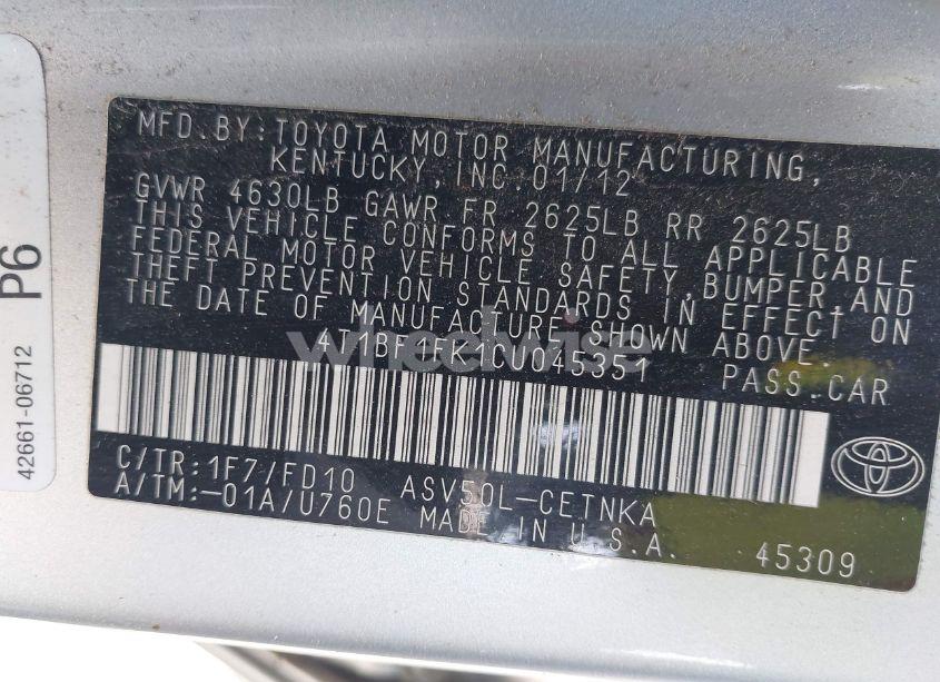Photo 9 of 2012 Toyota Camry LE (VIN 4T1BF1FK1CU045351)