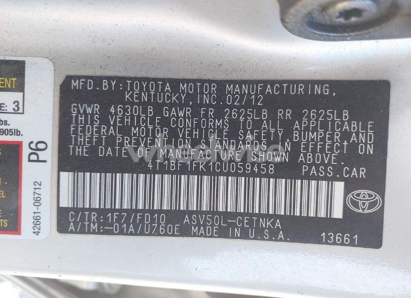 Photo 9 of 2012 Toyota Camry LE (VIN 4T1BF1FK1CU059458)