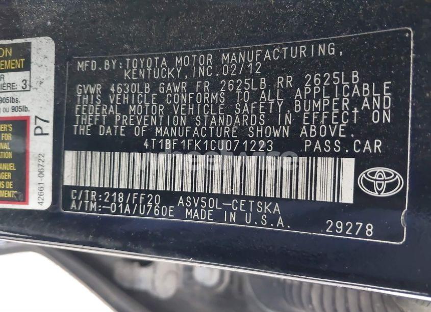 Photo 9 of 2012 Toyota Camry SE (VIN 4T1BF1FK1CU071223)