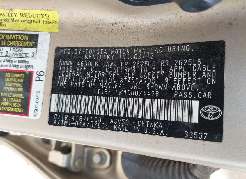 Photo 9 of 2012 Toyota Camry LE (VIN 4T1BF1FK1CU074428)