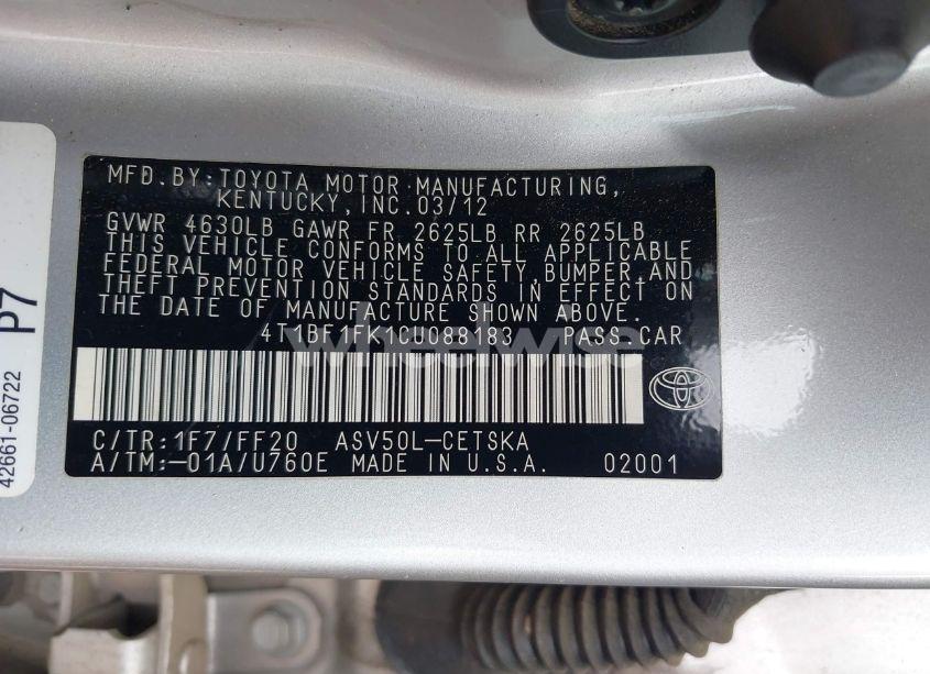 Photo 9 of 2012 Toyota Camry L/LE/SE/SE LIMITED EDITION/XLE (VIN 4T1BF1FK1CU088183)