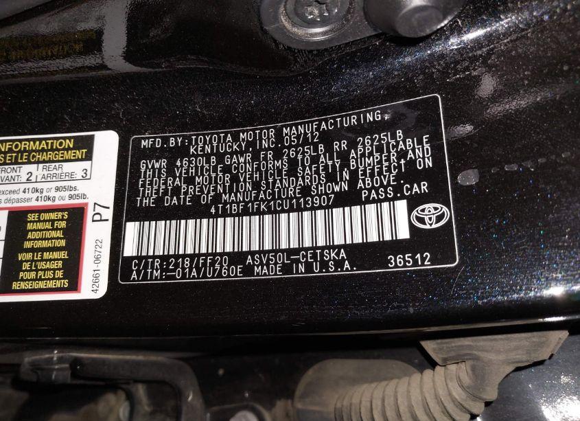 Photo 9 of 2012 Toyota Camry SE (VIN 4T1BF1FK1CU113907)