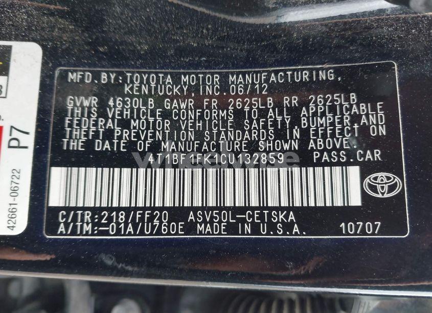 Photo 9 of 2012 Toyota Camry SE (VIN 4T1BF1FK1CU132859)