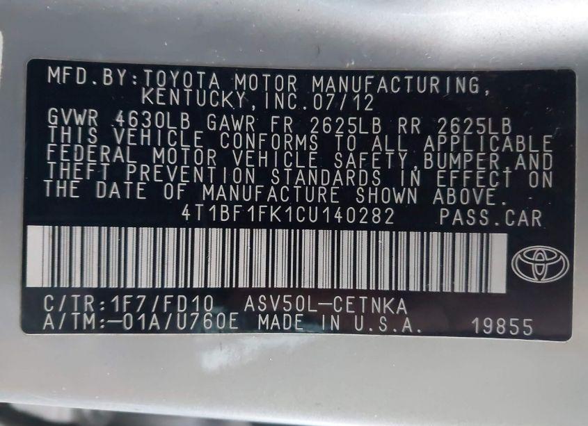 Photo 9 of 2012 Toyota Camry LE (VIN 4T1BF1FK1CU140282)