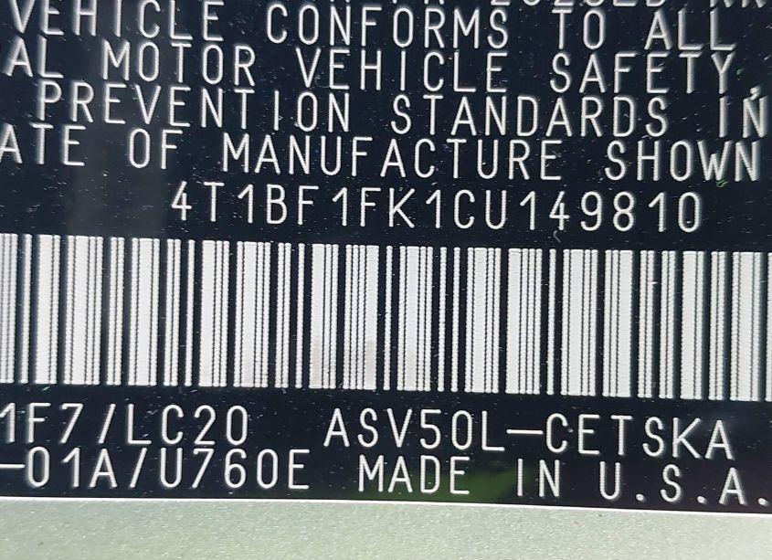 Photo 9 of 2012 Toyota Camry SE (VIN 4T1BF1FK1CU149810)