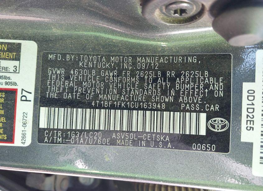 Photo 9 of 2012 Toyota Camry SE (VIN 4T1BF1FK1CU163948)