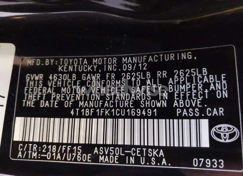 Photo 9 of 2012 Toyota Camry SE (VIN 4T1BF1FK1CU169491)