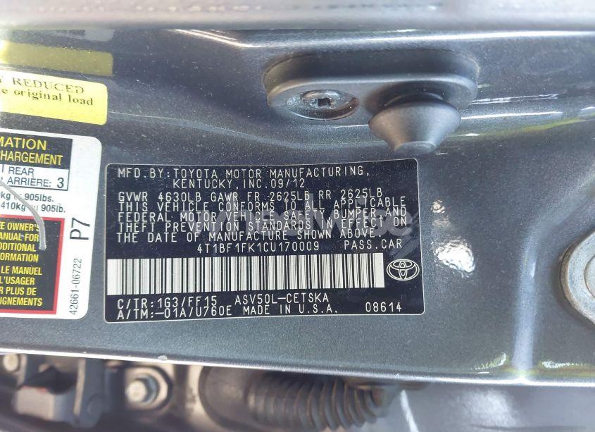 Photo 9 of 2012 Toyota Camry SE (VIN 4T1BF1FK1CU170009)
