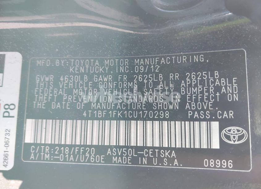 Photo 9 of 2012 Toyota Camry SE LIMITED EDITION (VIN 4T1BF1FK1CU170298)