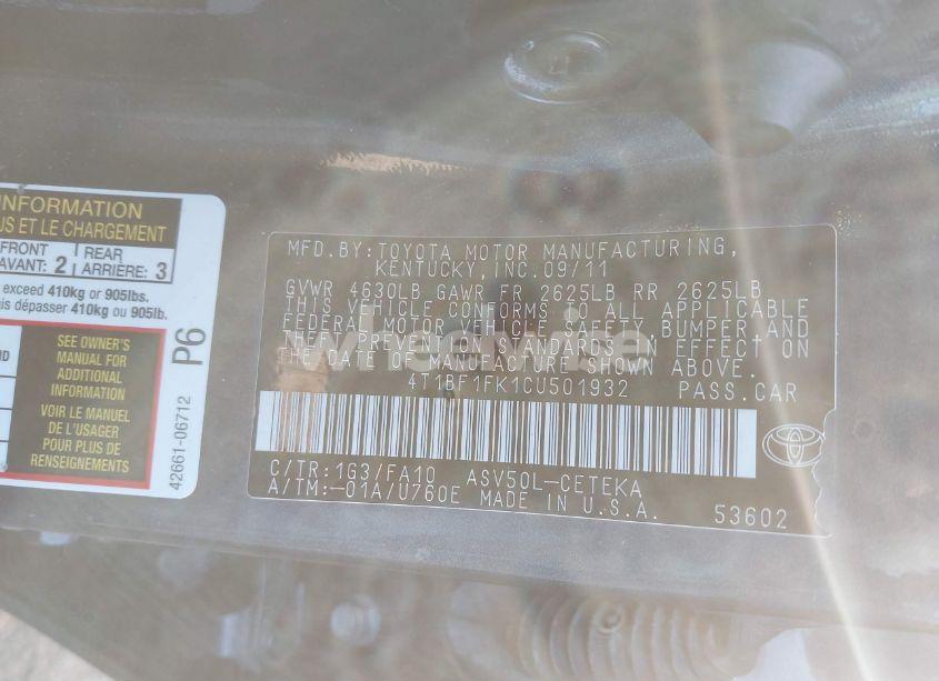 Photo 9 of 2012 Toyota Camry L (VIN 4T1BF1FK1CU501932)