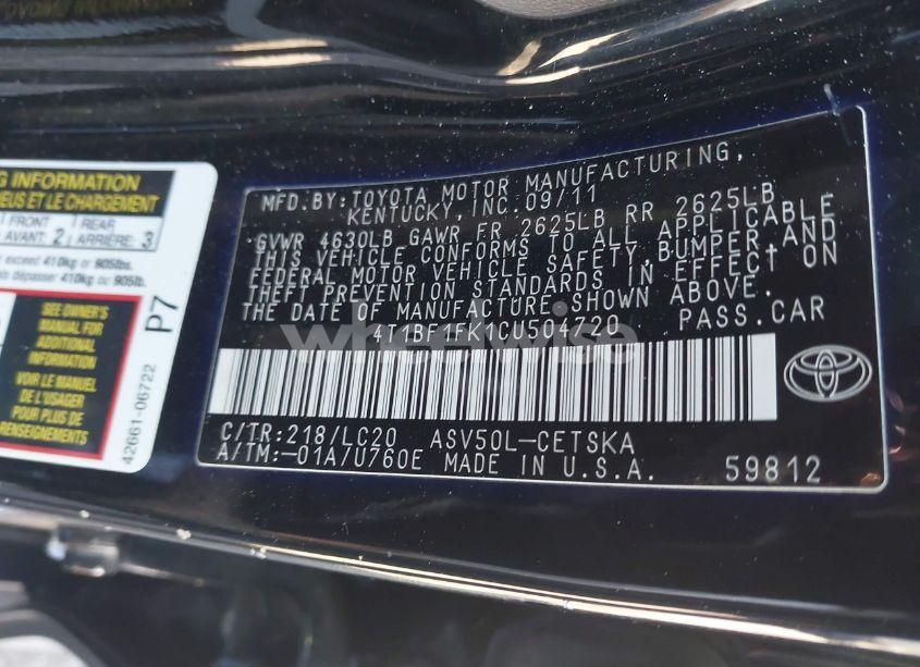 Photo 9 of 2012 Toyota Camry SE (VIN 4T1BF1FK1CU504720)