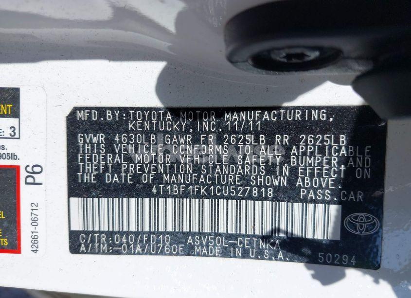 Photo 9 of 2012 Toyota Camry LE (VIN 4T1BF1FK1CU527818)