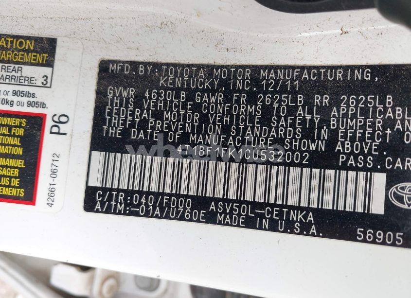 Photo 9 of 2012 Toyota Camry LE (VIN 4T1BF1FK1CU532002)