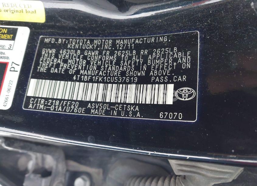 Photo 9 of 2012 Toyota Camry SE (VIN 4T1BF1FK1CU537619)