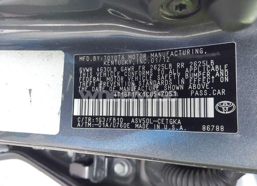 Photo 9 of 2012 Toyota Camry XLE (VIN 4T1BF1FK1CU547051)