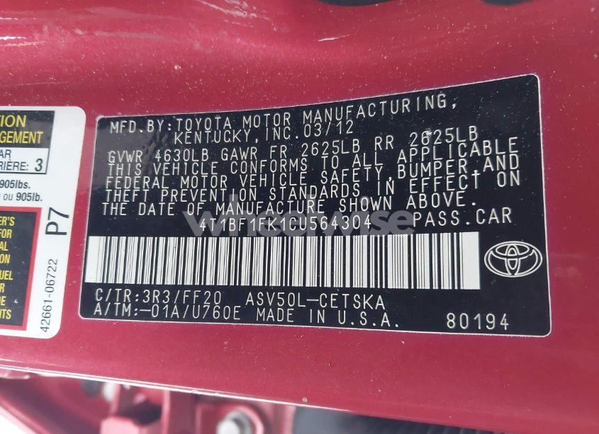 Photo 9 of 2012 Toyota Camry (VIN 4T1BF1FK1CU564304)