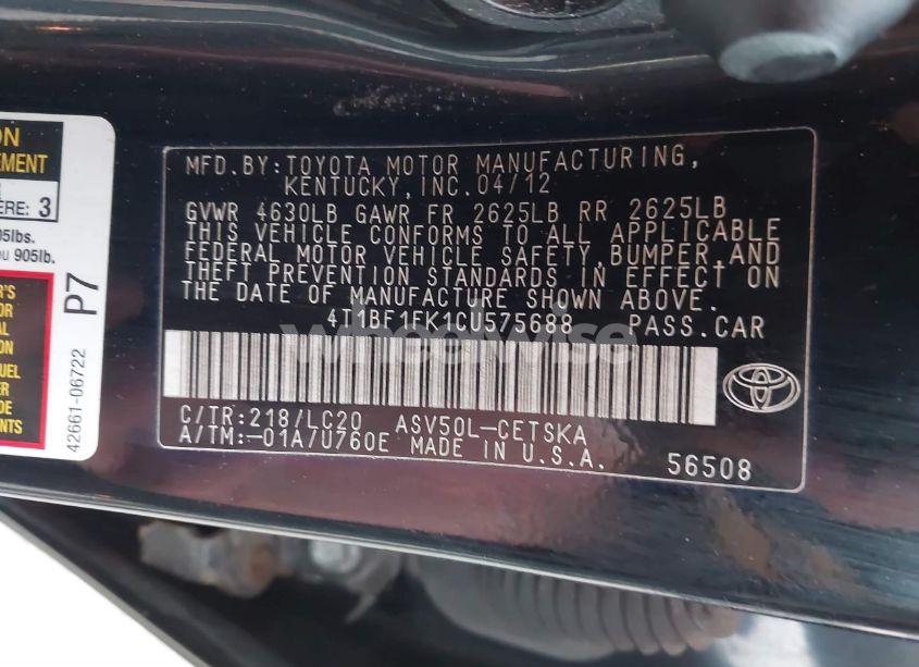 Photo 9 of 2012 Toyota Camry SE (VIN 4T1BF1FK1CU575688)
