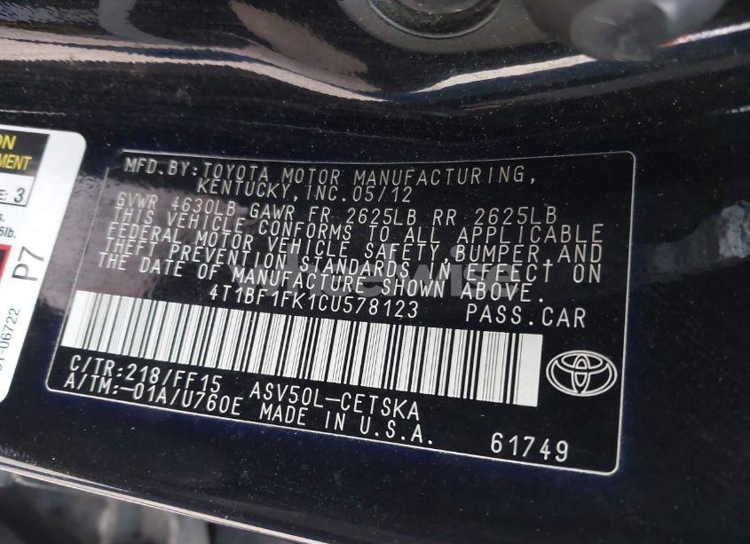 Photo 9 of 2012 Toyota Camry SE (VIN 4T1BF1FK1CU578123)