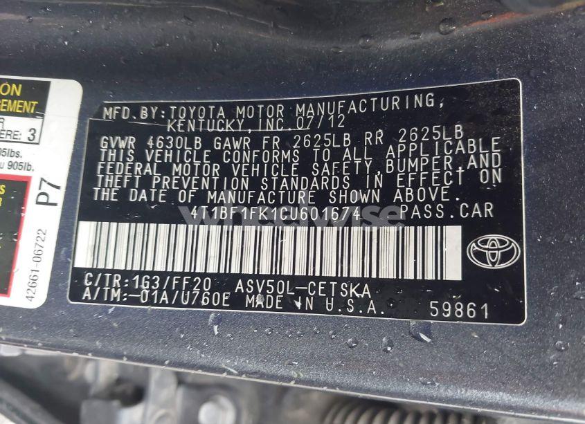 Photo 9 of 2012 Toyota Camry SE (VIN 4T1BF1FK1CU601674)