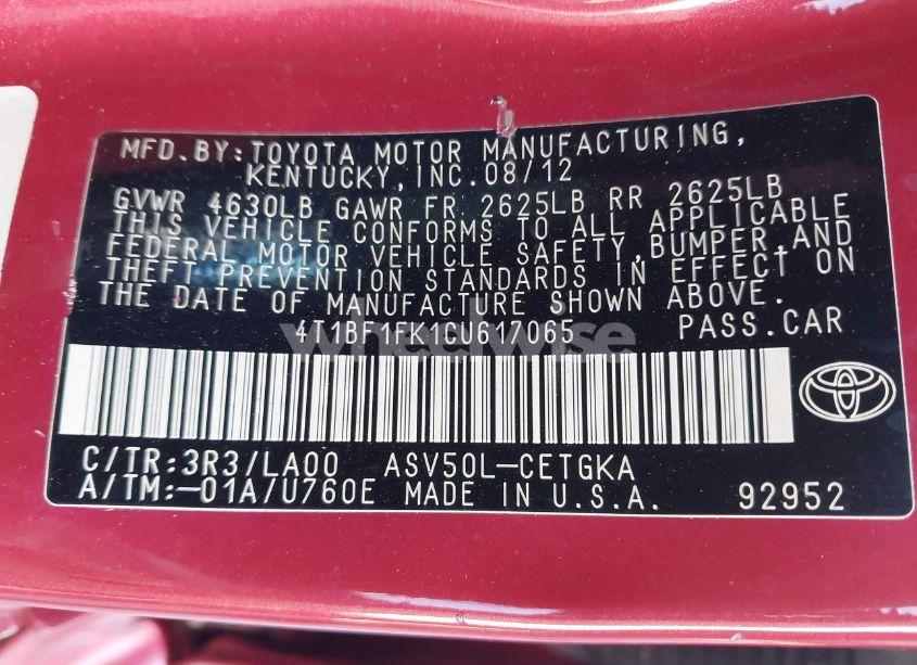 Photo 9 of 2012 Toyota Camry XLE (VIN 4T1BF1FK1CU617065)