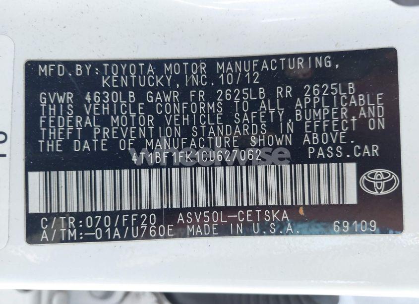 Photo 9 of 2012 Toyota Camry SE LIMITED EDITION (VIN 4T1BF1FK1CU627062)