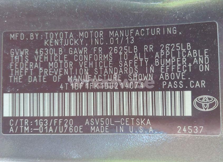 Photo 9 of 2013 Toyota Camry SE (VIN 4T1BF1FK1DU214074)