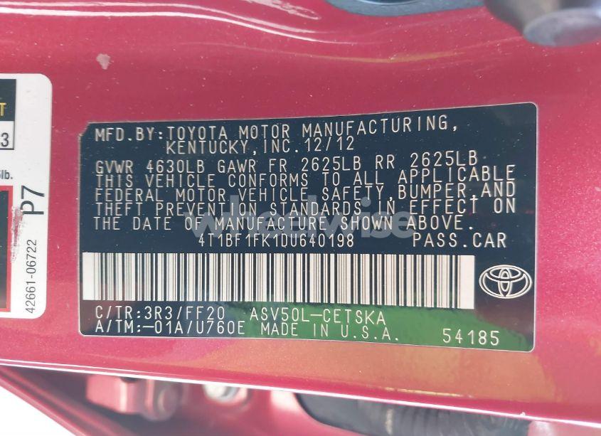 Photo 9 of 2013 Toyota Camry L/SE/LE/XLE (VIN 4T1BF1FK1DU640198)