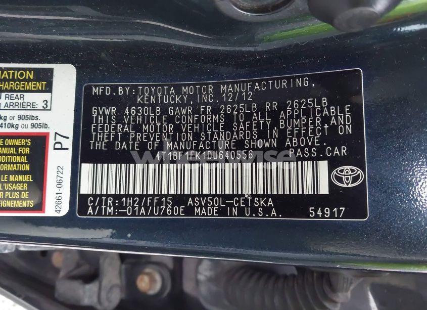 Photo 9 of 2013 Toyota Camry SE (VIN 4T1BF1FK1DU640556)