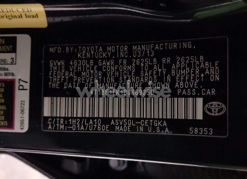 Photo 9 of 2013 Toyota Camry XLE (VIN 4T1BF1FK1DU669250)