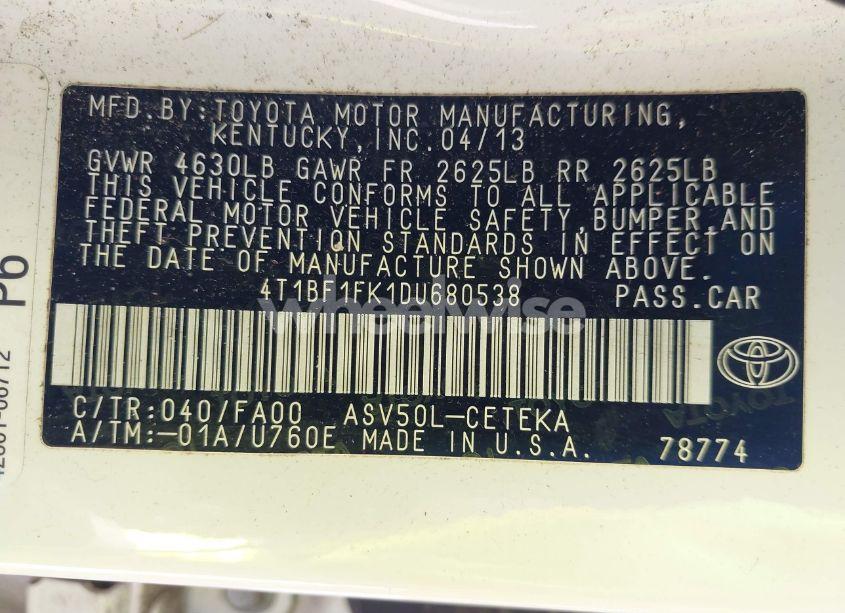 Photo 9 of 2013 Toyota Camry L (VIN 4T1BF1FK1DU680538)