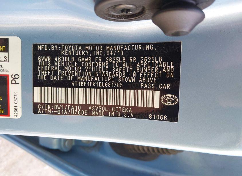 Photo 9 of 2013 Toyota Camry L (VIN 4T1BF1FK1DU681785)