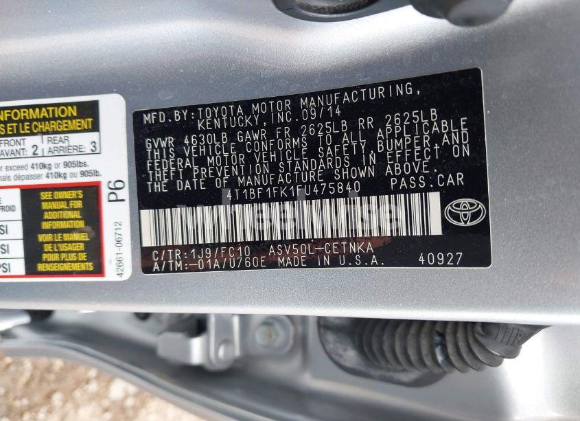 Photo 9 of 2015 Toyota Camry LE (VIN 4T1BF1FK1FU475840)