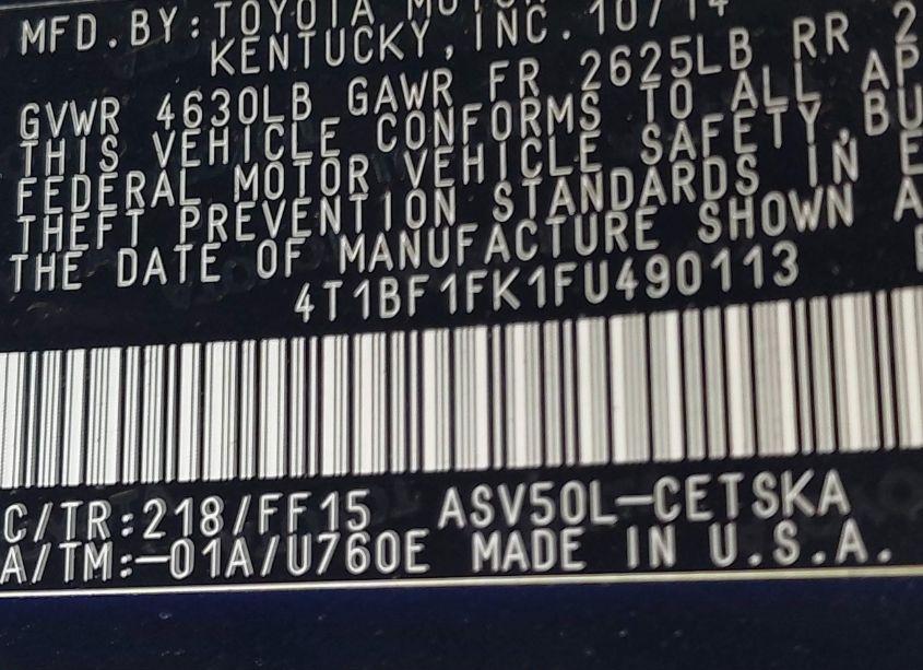 Photo 9 of 2015 Toyota Camry SE (VIN 4T1BF1FK1FU490113)