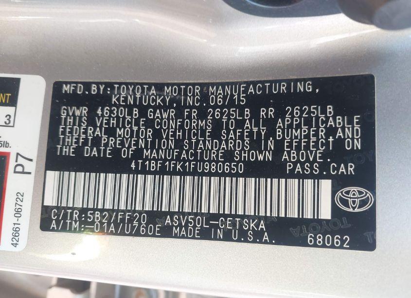 Photo 9 of 2015 Toyota Camry SE (VIN 4T1BF1FK1FU980650)