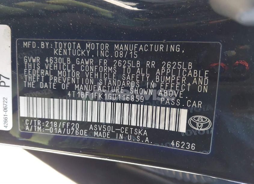 Photo 9 of 2016 Toyota Camry SE (VIN 4T1BF1FK1GU116859)