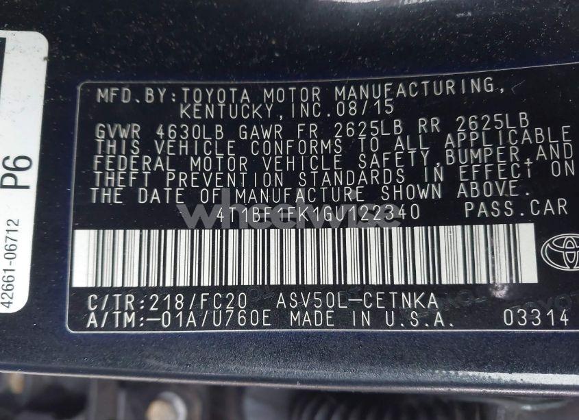 Photo 9 of 2016 Toyota Camry LE (VIN 4T1BF1FK1GU122340)