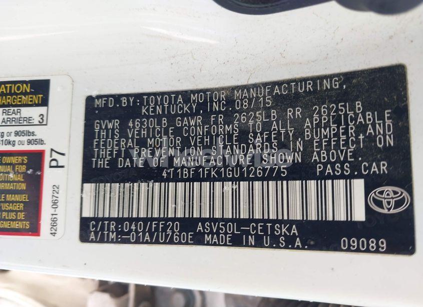 Photo 9 of 2016 Toyota Camry LE/SE/XLE/XSE (VIN 4T1BF1FK1GU126775)