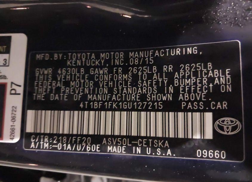 Photo 9 of 2016 Toyota Camry SE (VIN 4T1BF1FK1GU127215)