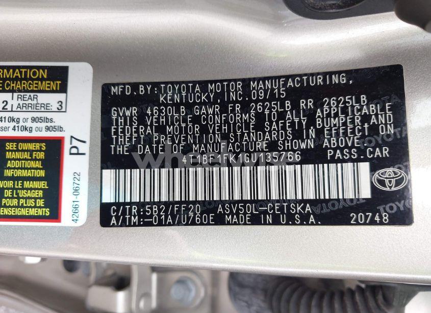 Photo 9 of 2016 Toyota Camry SE (VIN 4T1BF1FK1GU135766)
