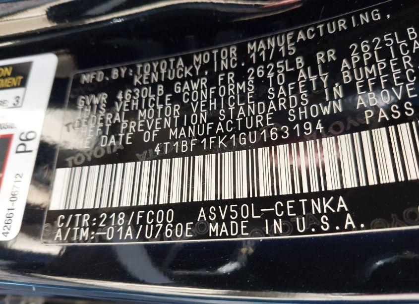 Photo 9 of 2016 Toyota Camry LE (VIN 4T1BF1FK1GU163194)