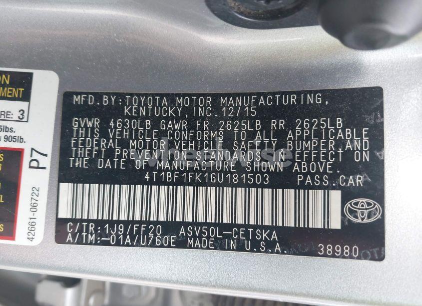 Photo 9 of 2016 Toyota Camry SE (VIN 4T1BF1FK1GU181503)