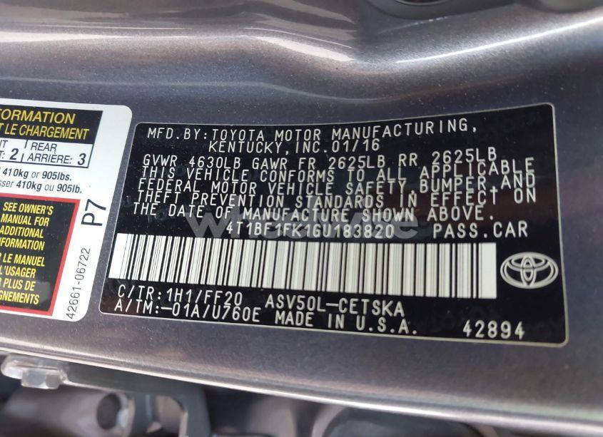 Photo 9 of 2016 Toyota Camry SE (VIN 4T1BF1FK1GU183820)