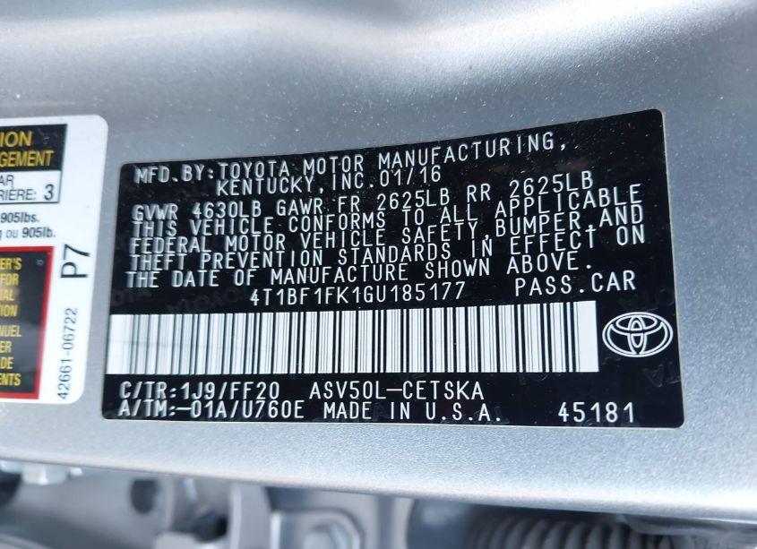 Photo 9 of 2016 Toyota Camry SE (VIN 4T1BF1FK1GU185177)