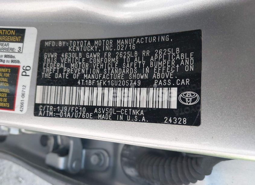 Photo 9 of 2016 Toyota Camry LE (VIN 4T1BF1FK1GU205749)