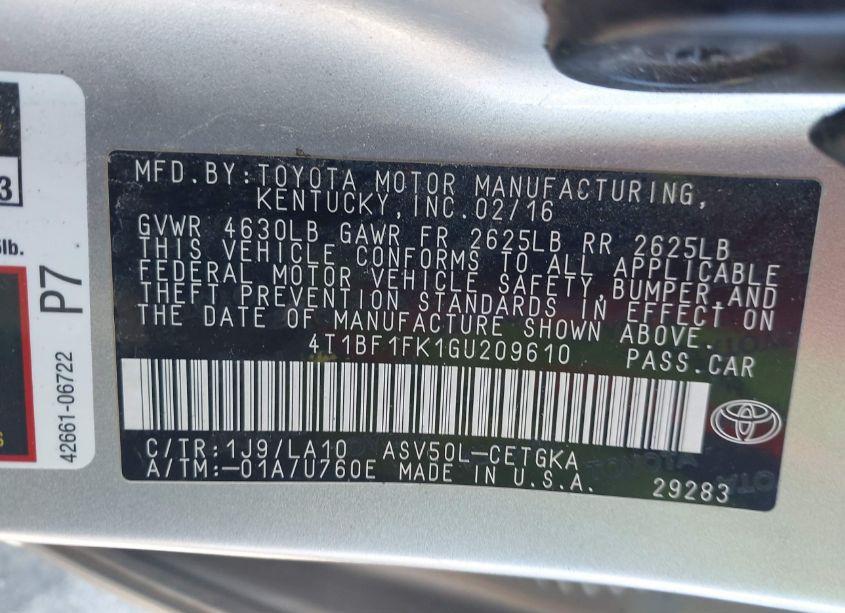 Photo 9 of 2016 Toyota Camry XLE (VIN 4T1BF1FK1GU209610)