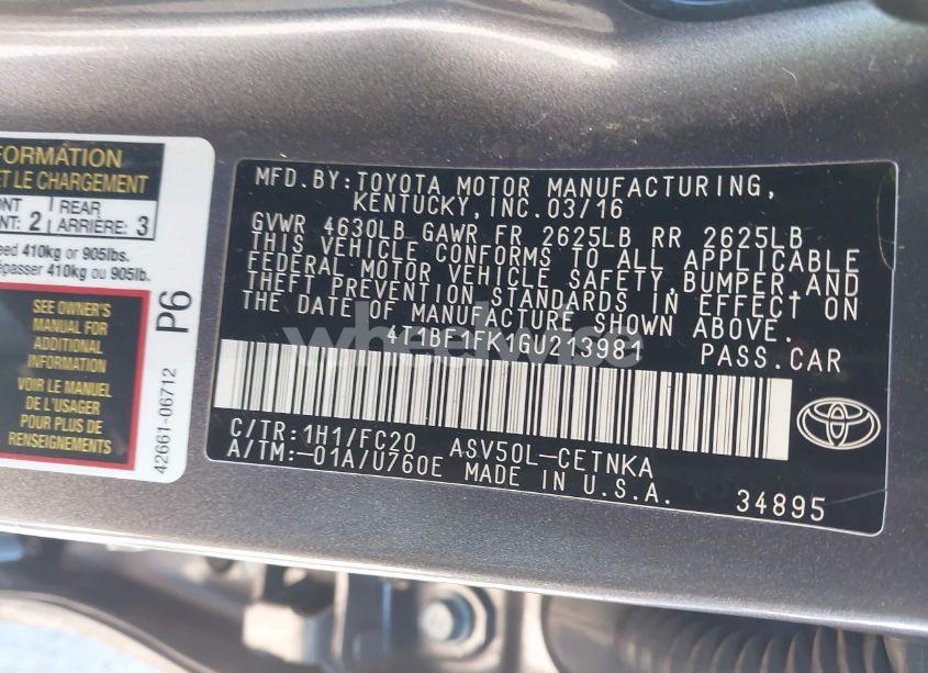 Photo 9 of 2016 Toyota Camry LE (VIN 4T1BF1FK1GU213981)