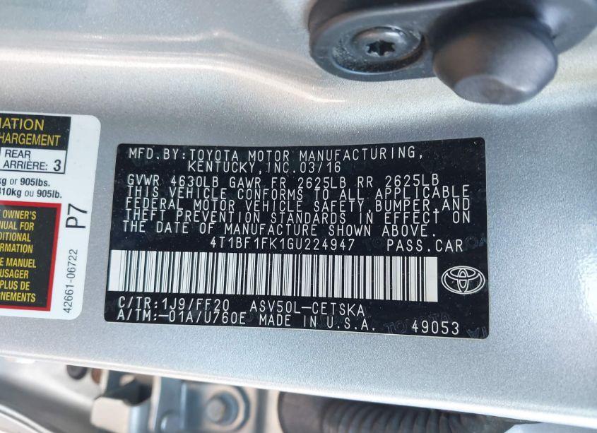 Photo 9 of 2016 Toyota Camry SE (VIN 4T1BF1FK1GU224947)