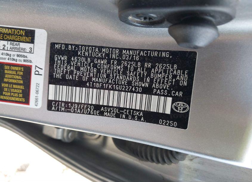 Photo 9 of 2016 Toyota Camry SE (VIN 4T1BF1FK1GU227430)