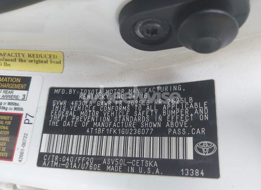 Photo 9 of 2016 Toyota Camry SE (VIN 4T1BF1FK1GU236077)