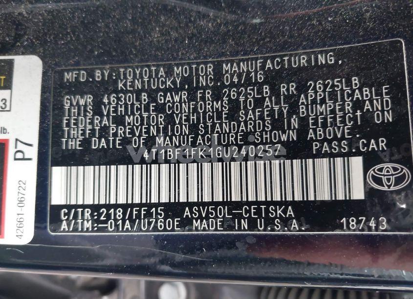 Photo 9 of 2016 Toyota Camry SE (VIN 4T1BF1FK1GU240257)